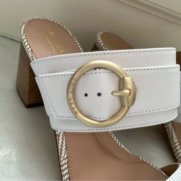 Cole Haan Size 9 Stacked Block Heel Slides White Woven Matte Gold Buckle NWB - Picture 3 of 9